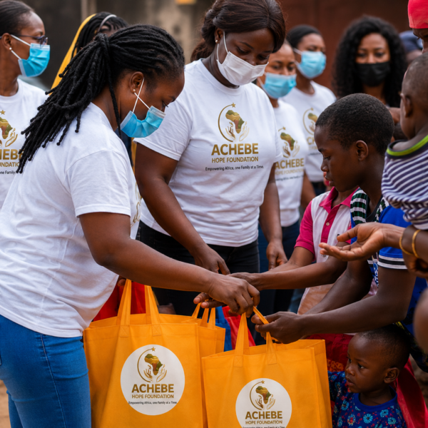 Volunteers handing branded relief bags to mothers and children