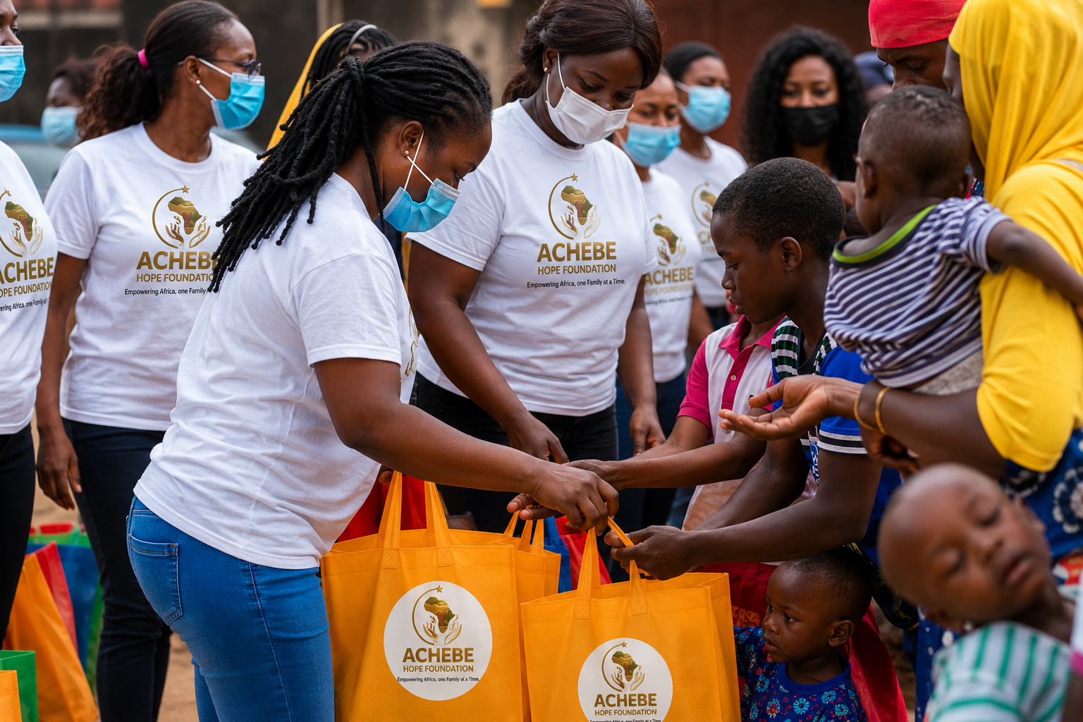 Achebe Hope Foundation volunteers handing branded relief bags to mothers and children at a community outreach